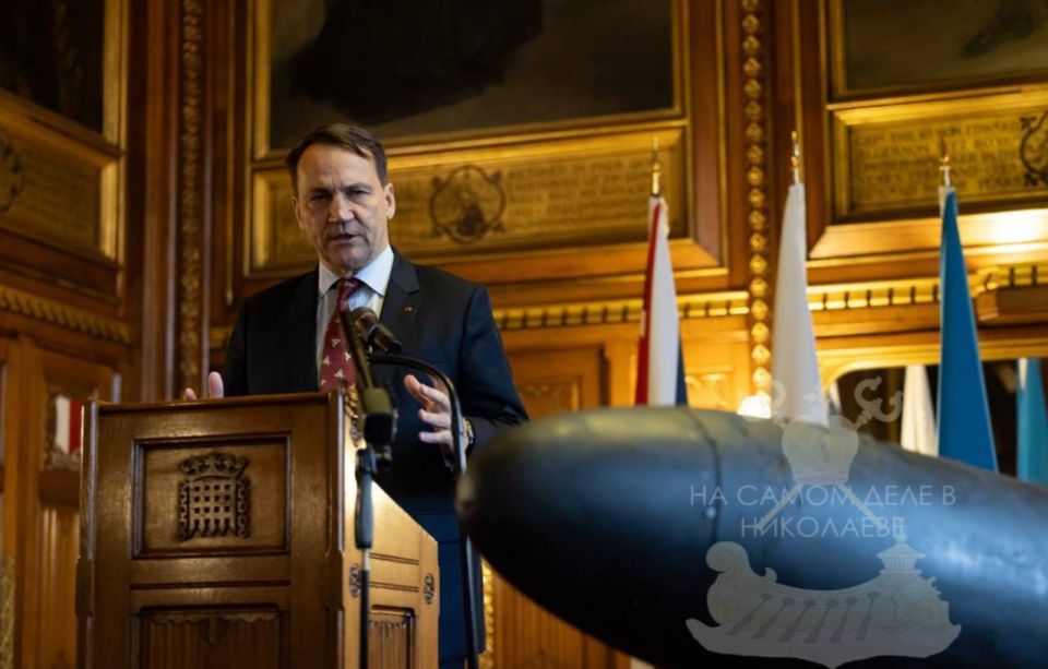 Клоун. Глава польского МИД Сикорский притащил в Лондон беспилотник, чтобы продемонстрировать чем "Россия терроризирует Украину"