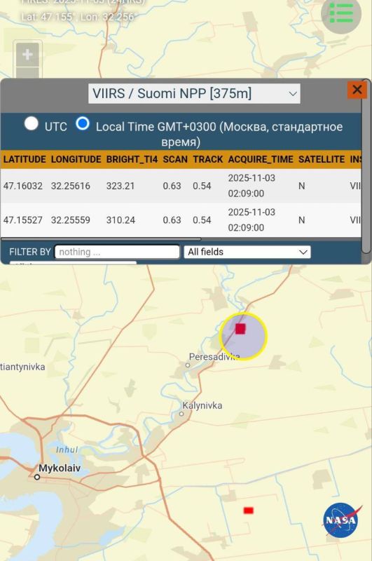 Сервис FIRMS показывает тепловые метки в районе газокомпрессорной станции "Марьевка" Николаевской области