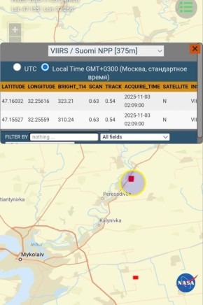 Сервис FIRMS показывает тепловые метки в районе газокомпрессорной станции "Марьевка" Николаевской области