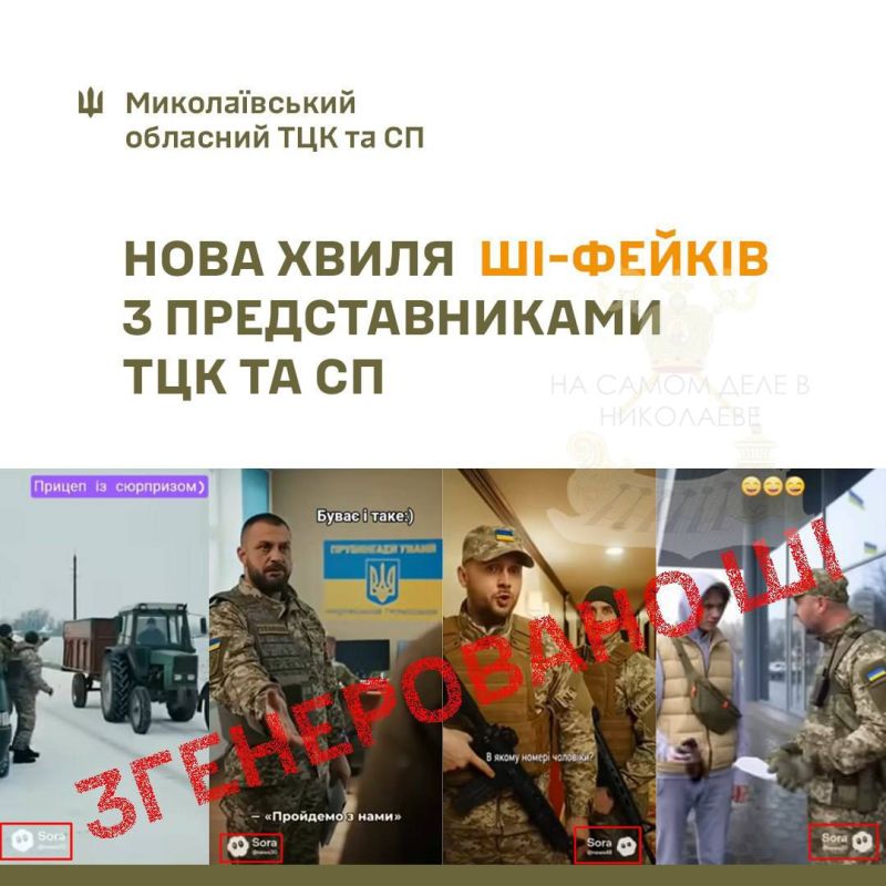 «Это всё фейк!». Николаевский областной ТЦК заявил, что в соцсетях распространяются видео, созданные с помощью искусственного интеллекта, где якобы показаны конфликты с «группами оповещения»
