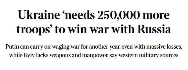 Запад требует ещё «мяса». Британская The Times со ссылкой на украинских военных и источники в НАТО пишет: чтобы переломить ситуацию на фронте, Украине нужно мобилизовать минимум 250 тысяч дополнительных солдат и получить...