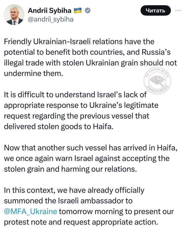 Украина вручила послу Израиля ноту протеста за импорт российского зерна